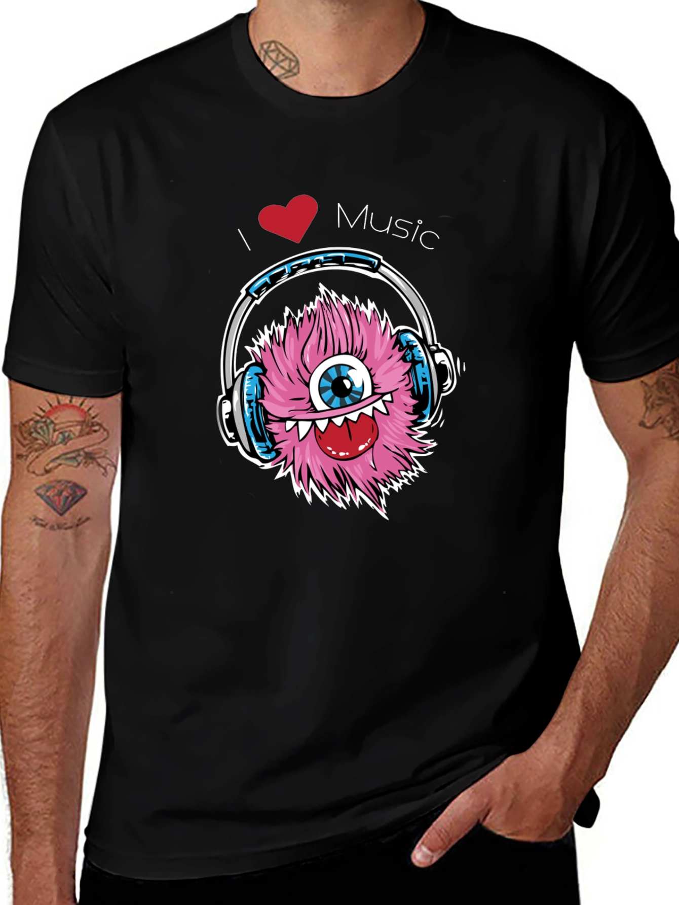I Love Music Monster Graphic Tee - Black Cotton T-Shirt