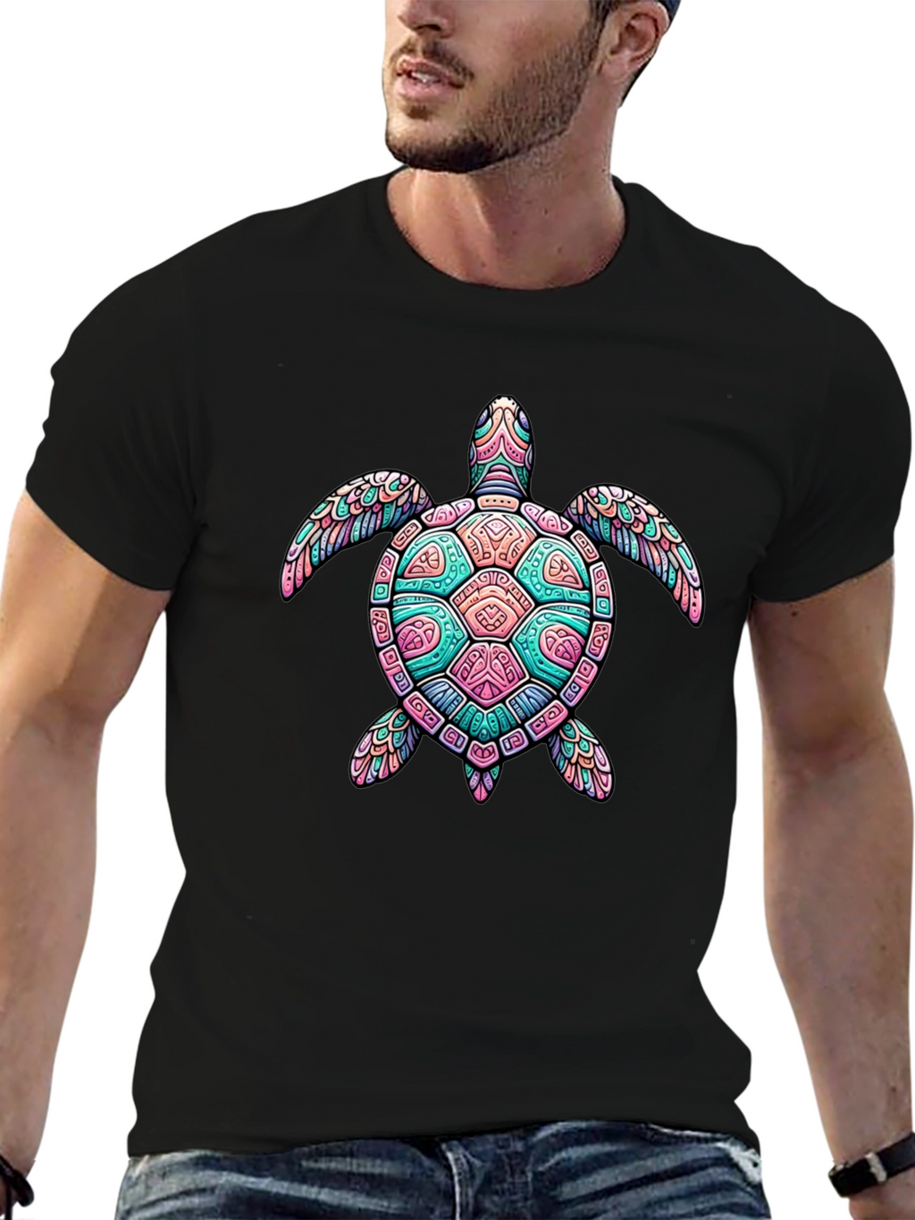 Turtle Graphic Black T-Shirt - Mens Casual Tee