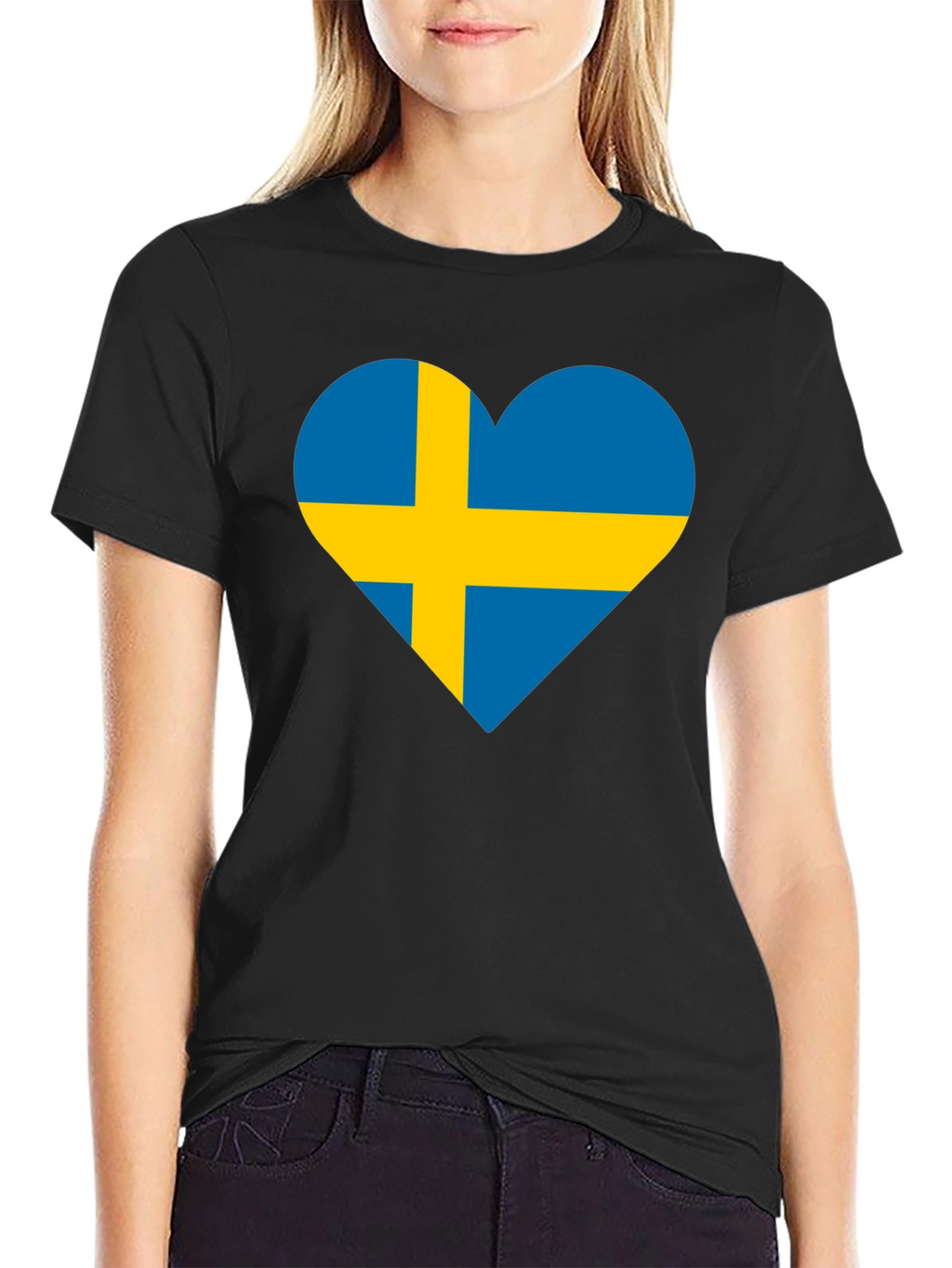 Sweden Flag Heart Graphic Black T-Shirt