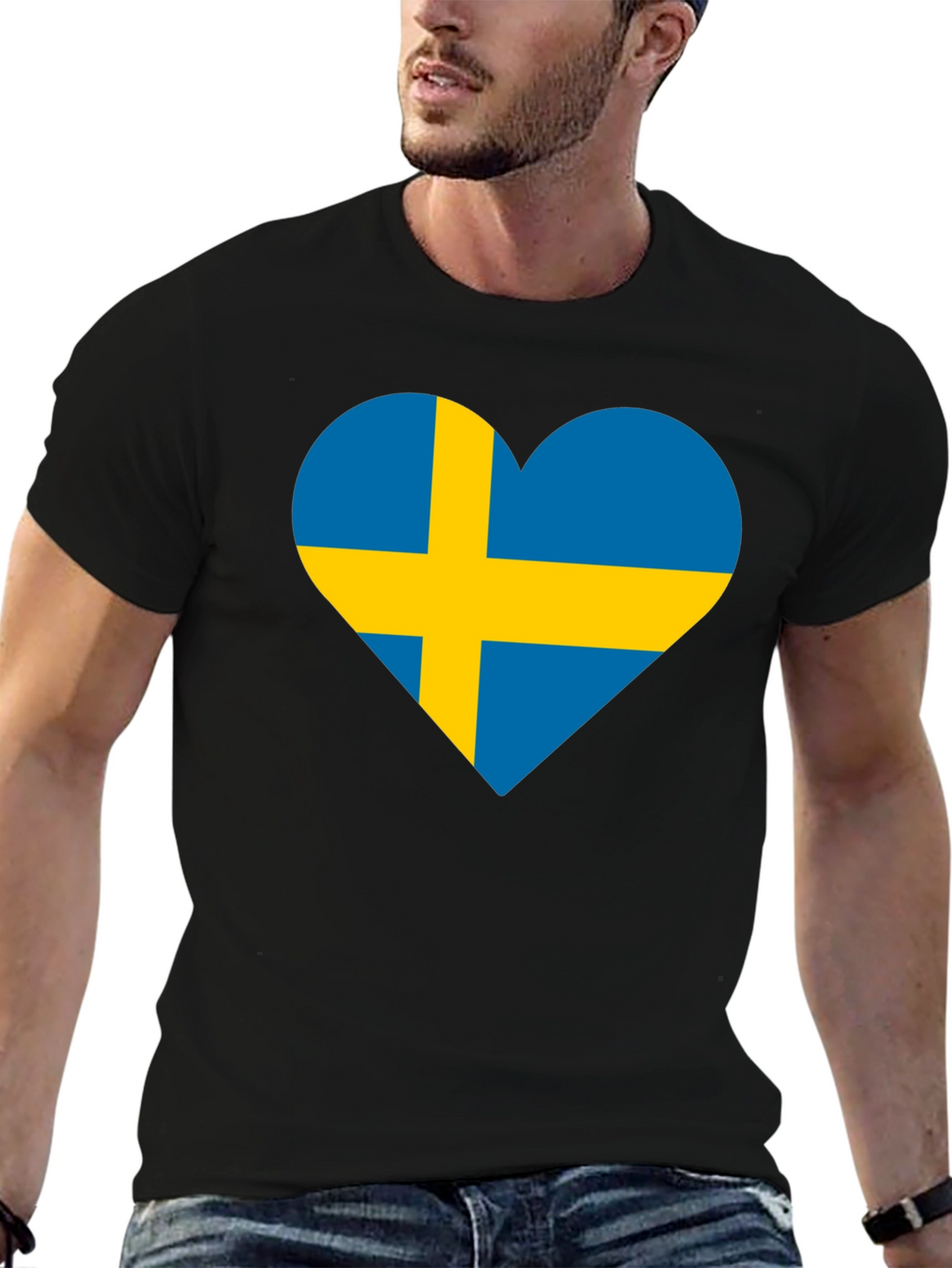 Sweden Flag Heart Graphic Black T-Shirt