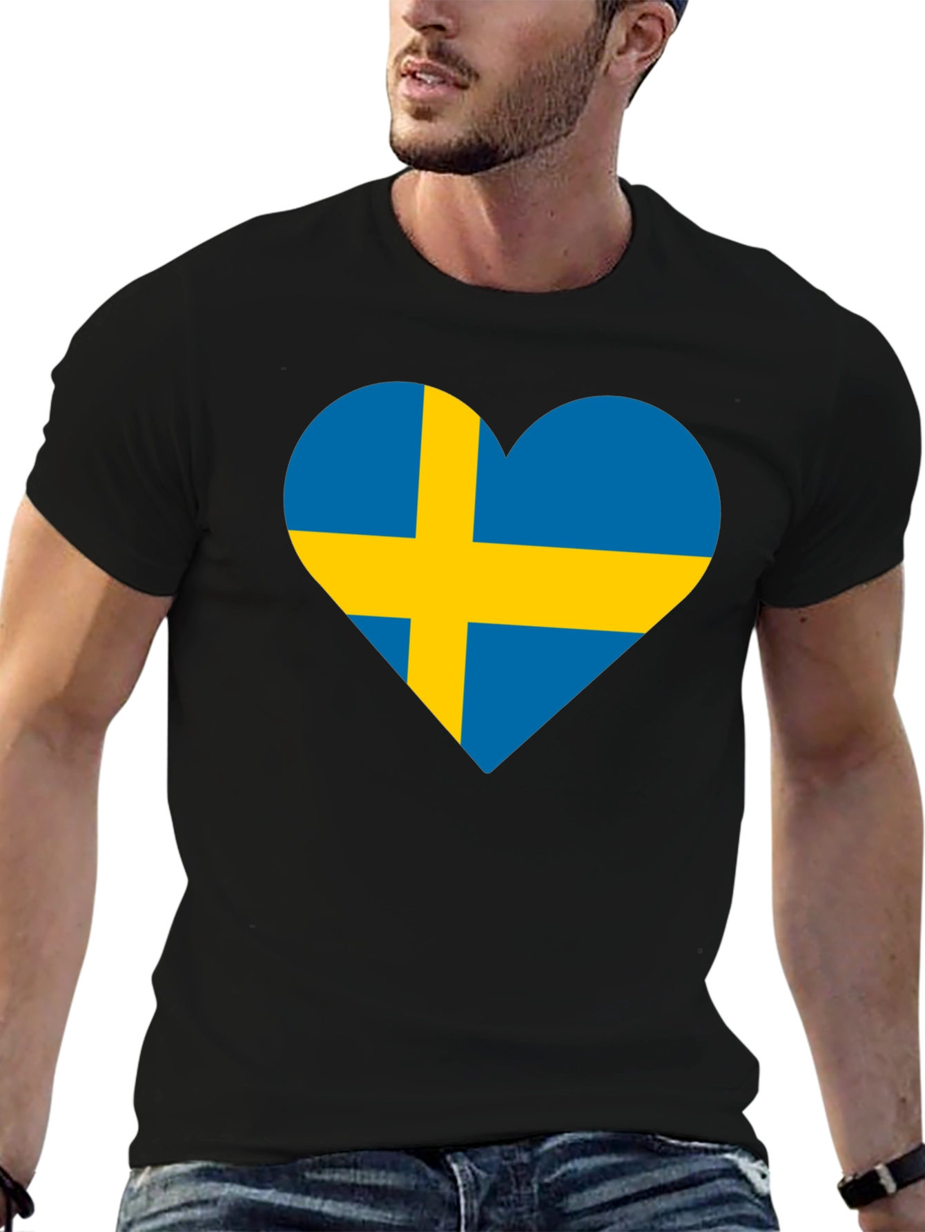 Sweden Flag Heart Graphic Black T-Shirt