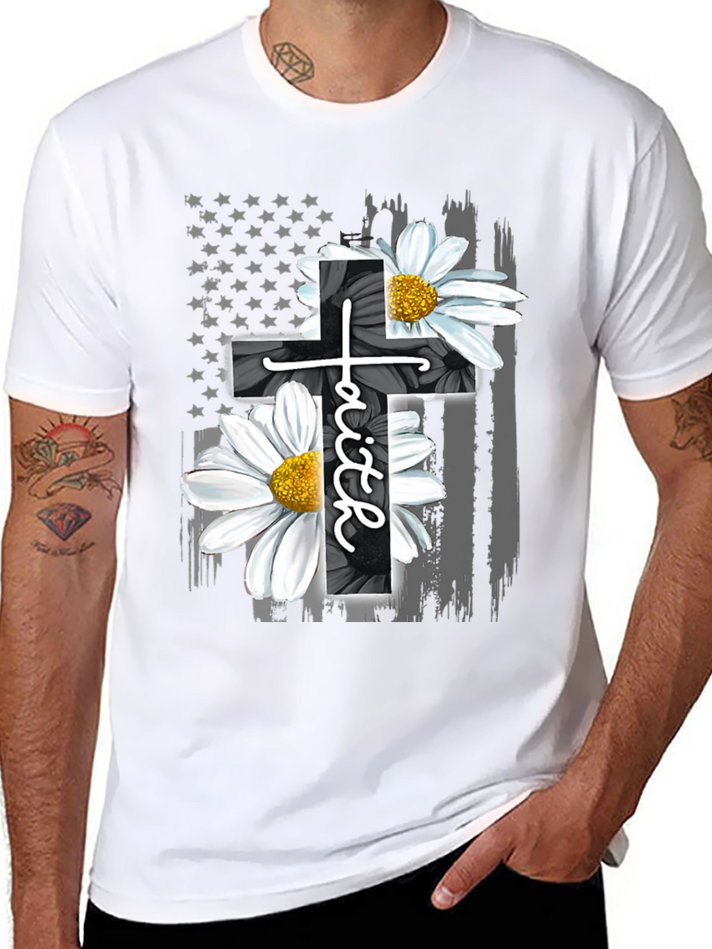 Faith Cross Flower USA Flag Graphic Tee