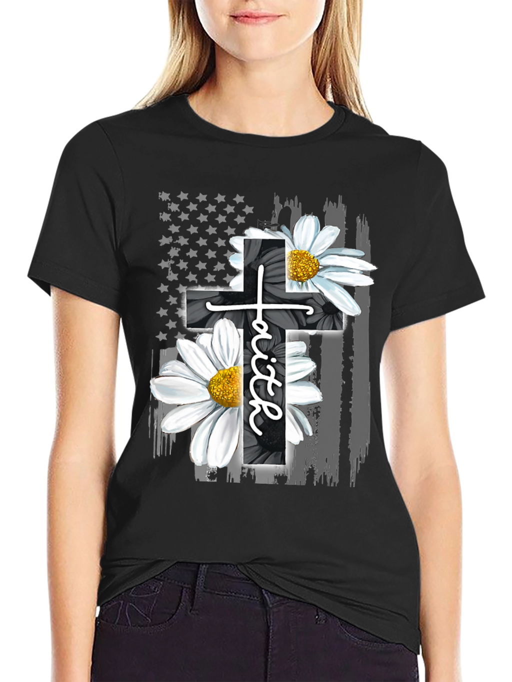 Faith Cross Flower USA Flag Graphic Tee