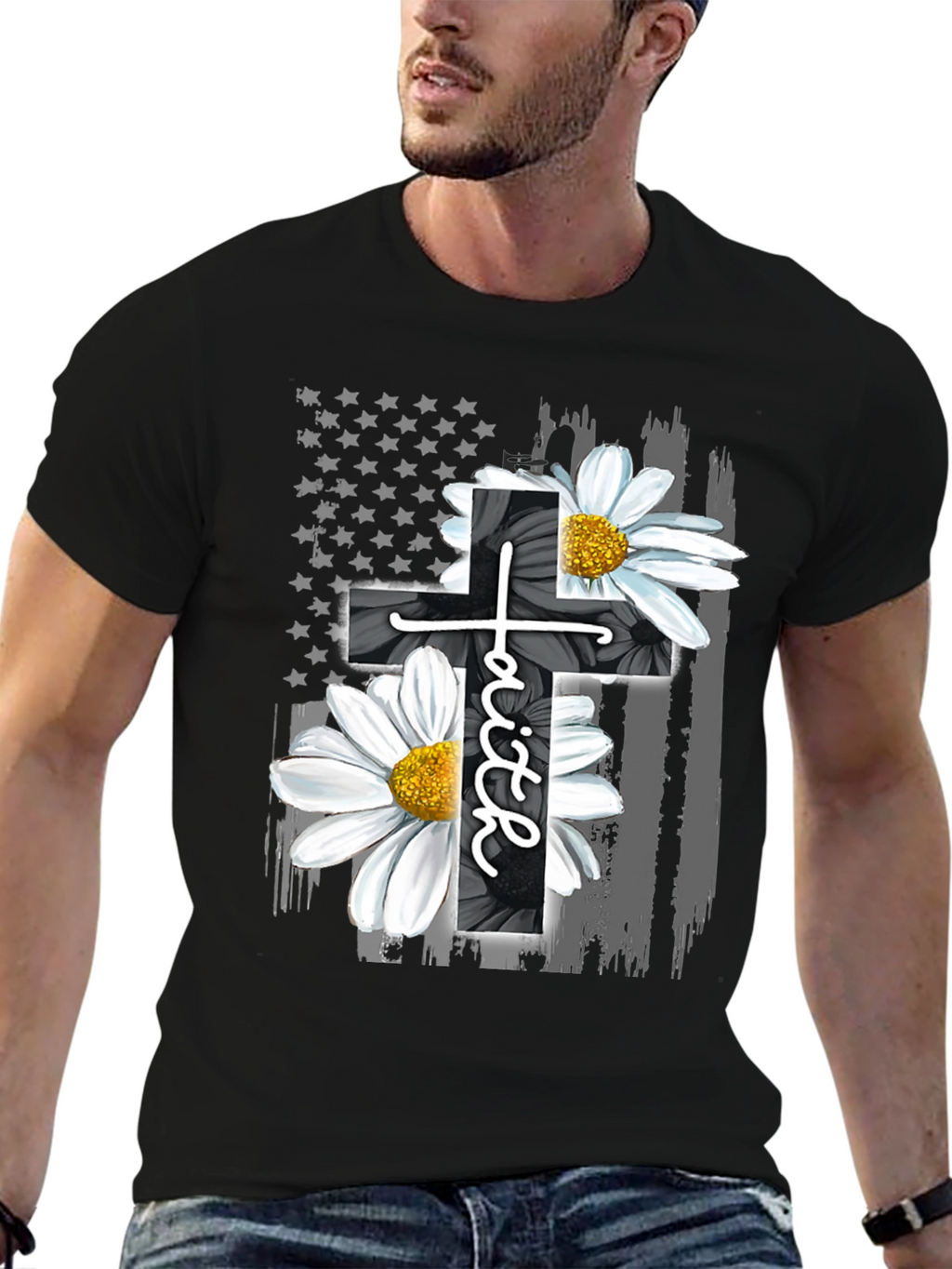 Faith Cross Flower USA Flag Graphic Tee