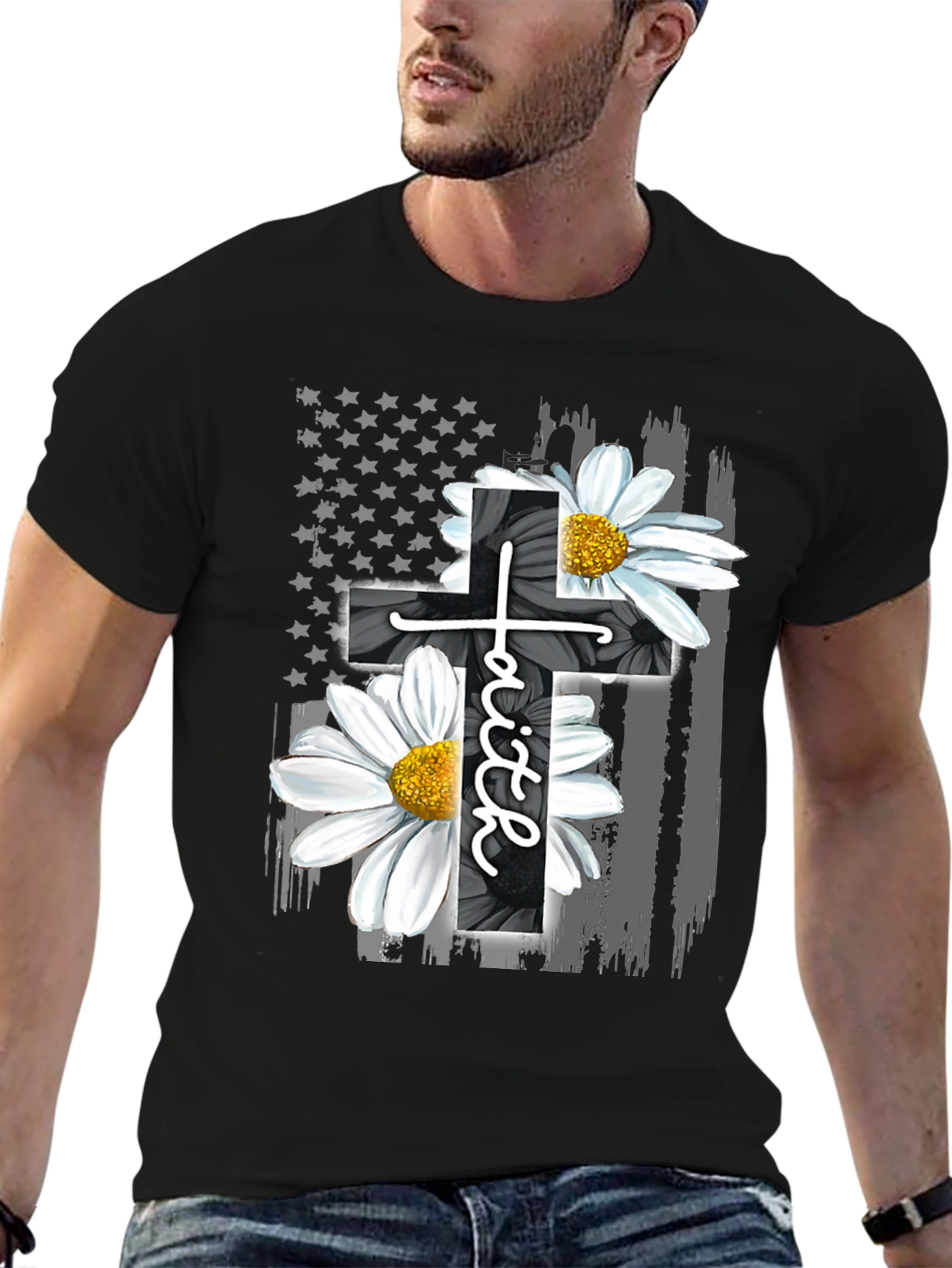 Faith Cross Flower USA Flag Graphic Tee