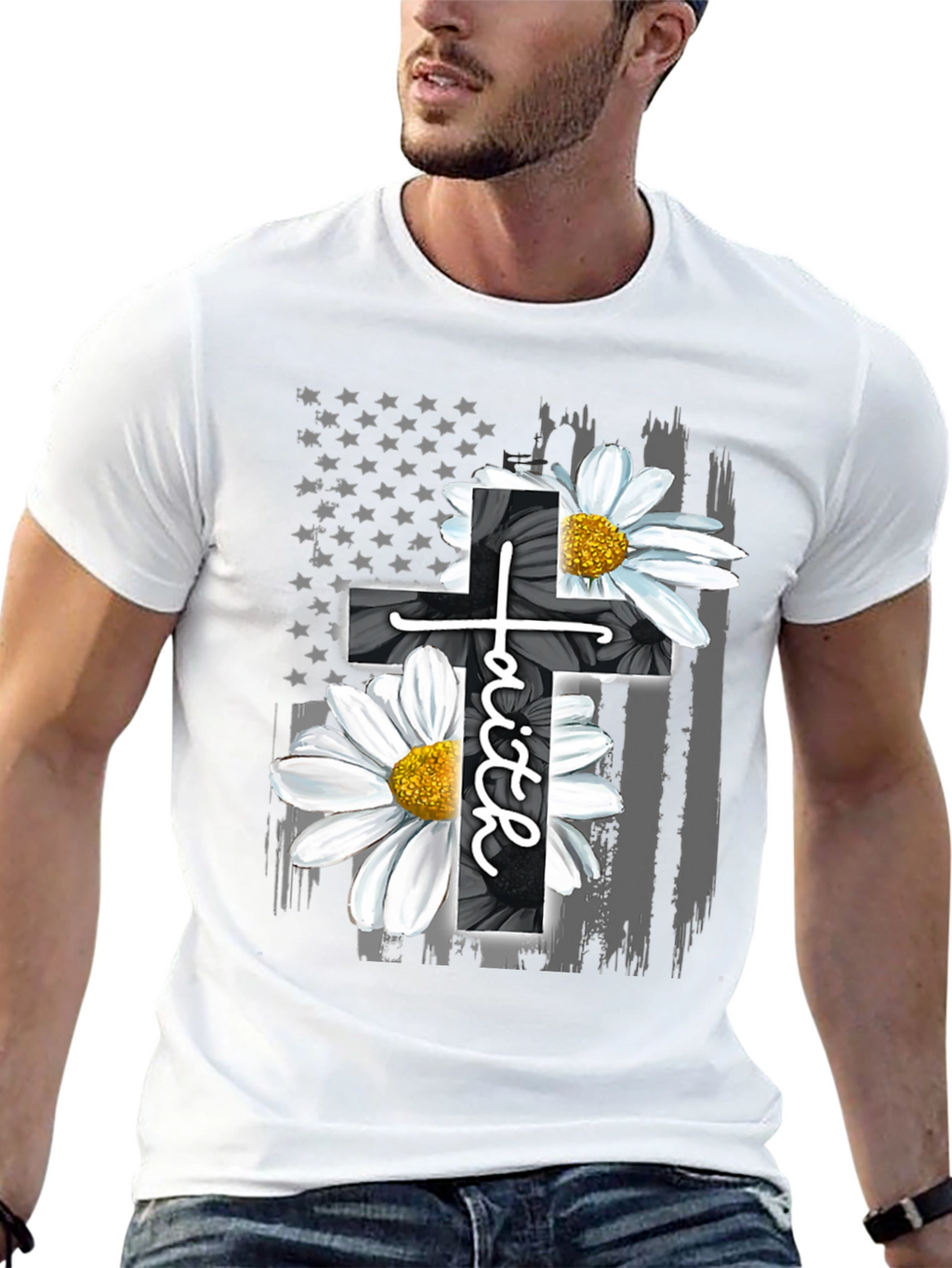 Faith Cross Flower USA Flag Graphic Tee