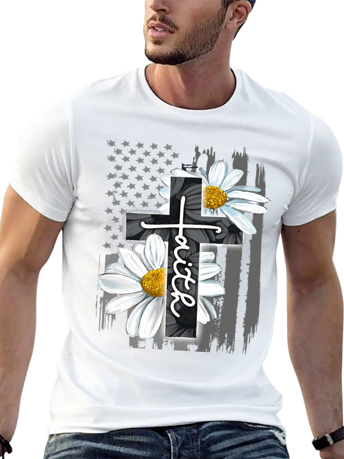 Faith Cross Flower USA Flag Graphic Tee