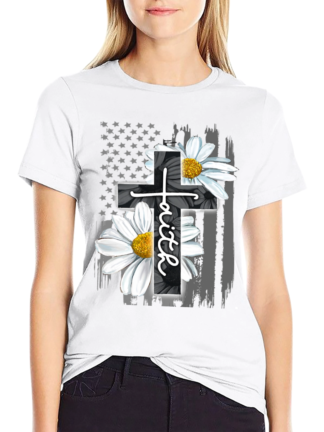Faith Cross Flower USA Flag Graphic Tee