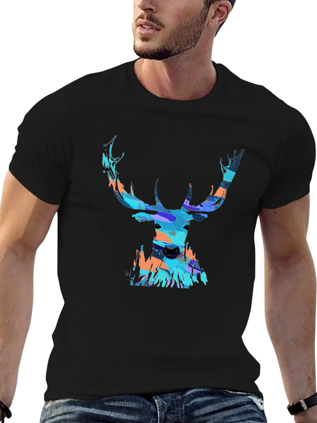 Abstract Deer Head Graphic Print Black T-Shirt
