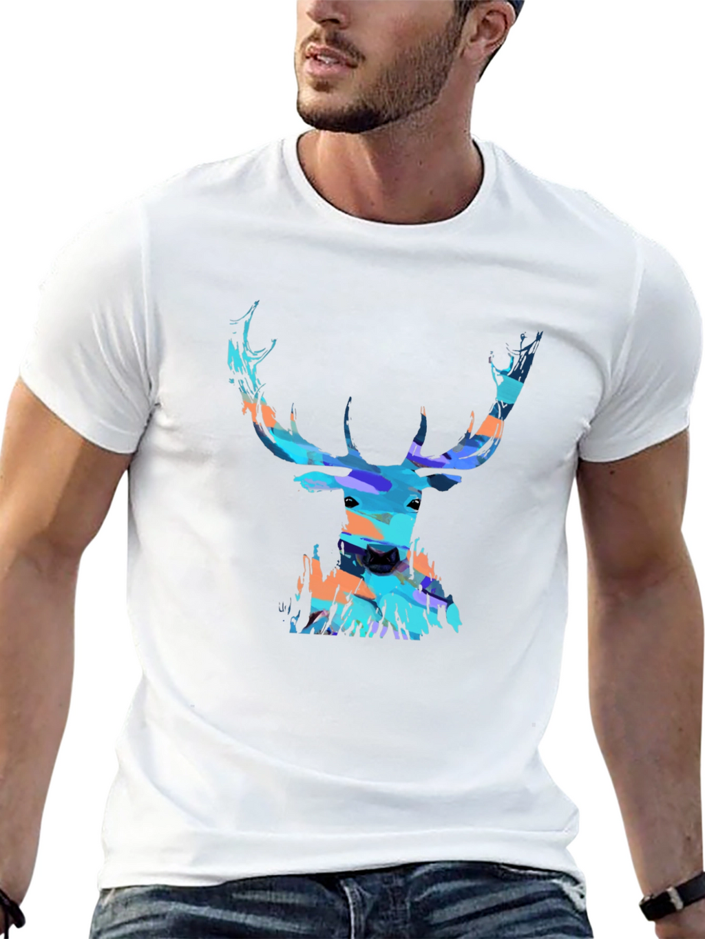 Abstract Deer Head Graphic Print Black T-Shirt
