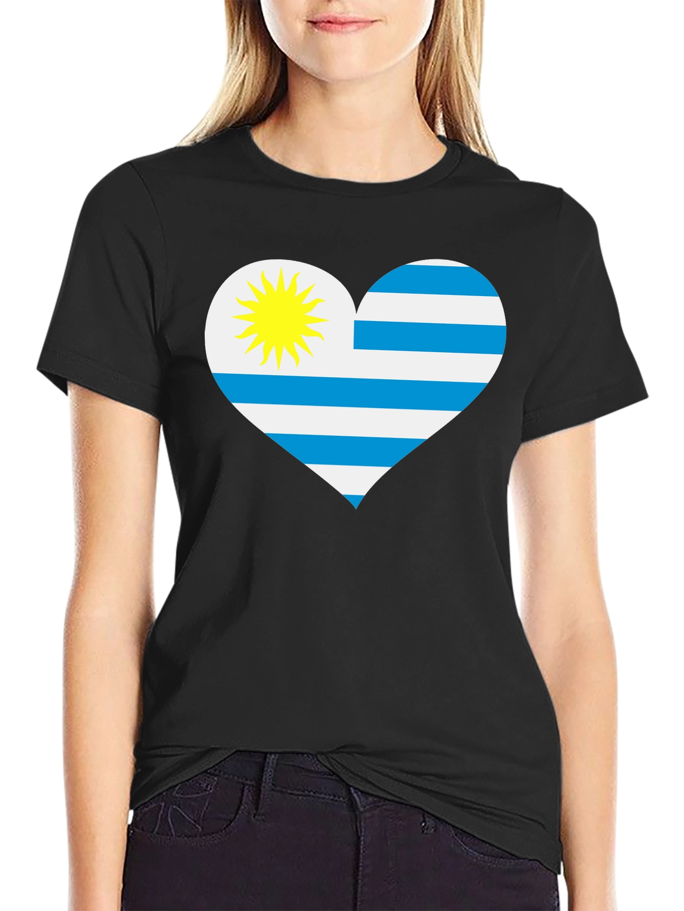 Uruguay Flag Heart T-Shirt - Black Cotton Tee