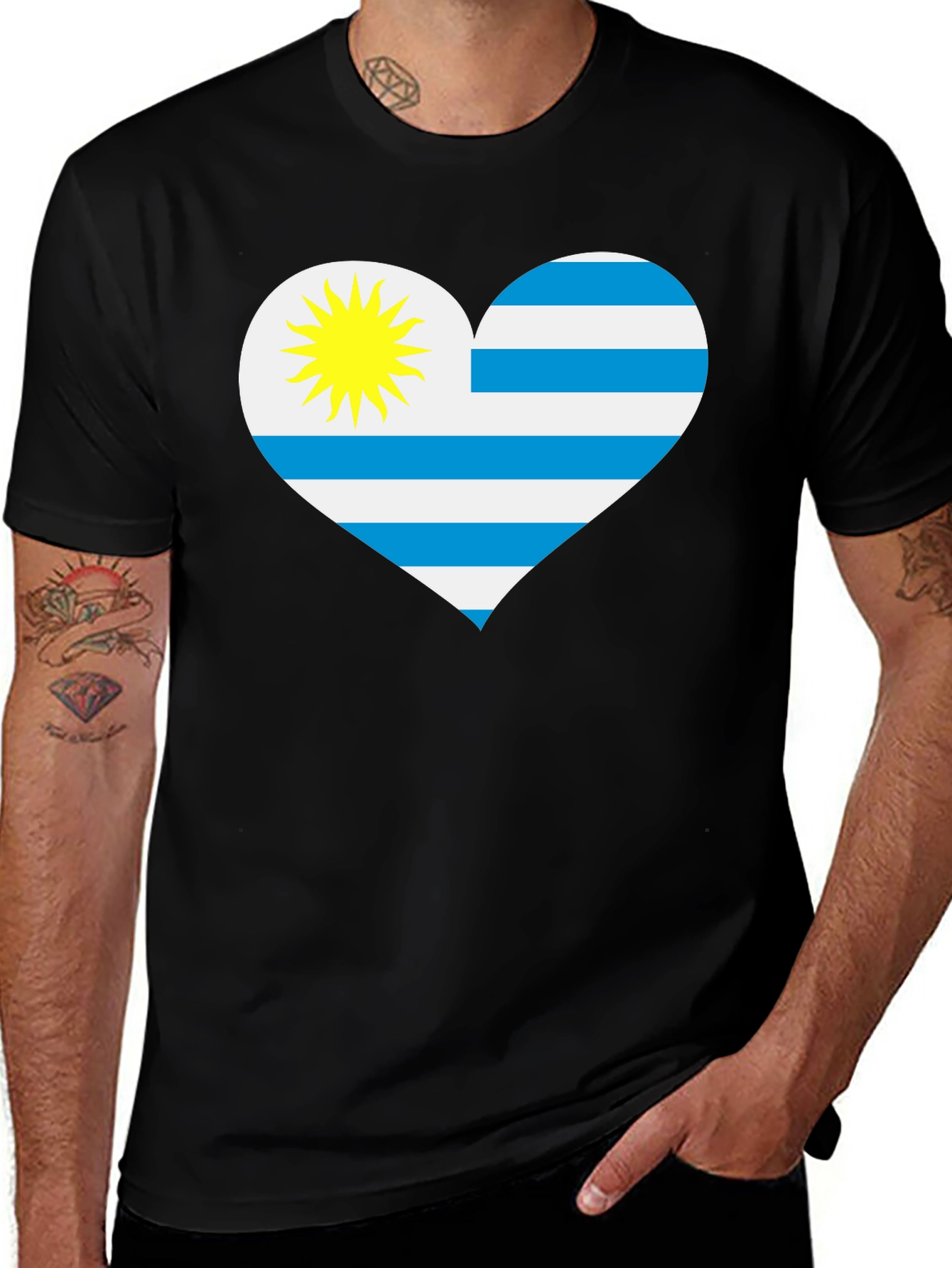 Uruguay Flag Heart T-Shirt - Black Cotton Tee