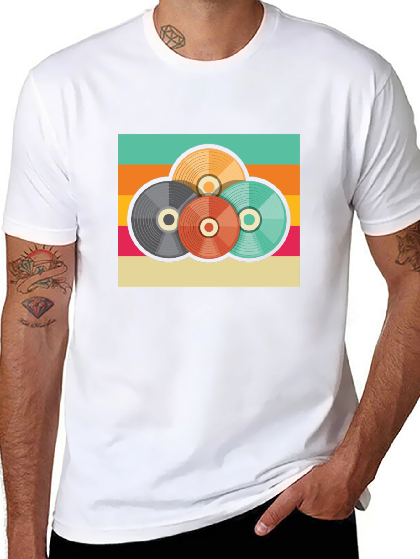 Retro Record Stack Graphic Tee - Vintage Style