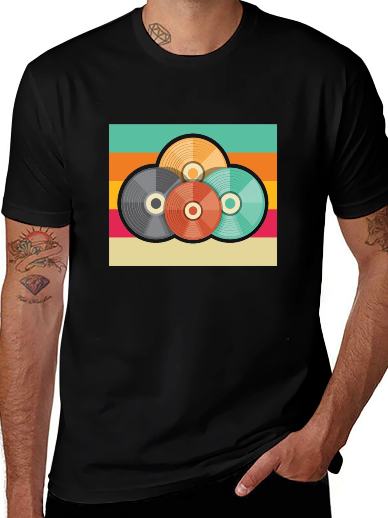 Retro Record Stack Graphic Tee - Vintage Style