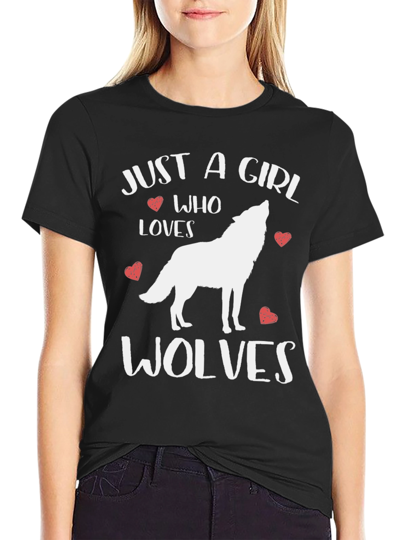 Just A Girl Who Loves Wolves Black Graphic T-Shirt