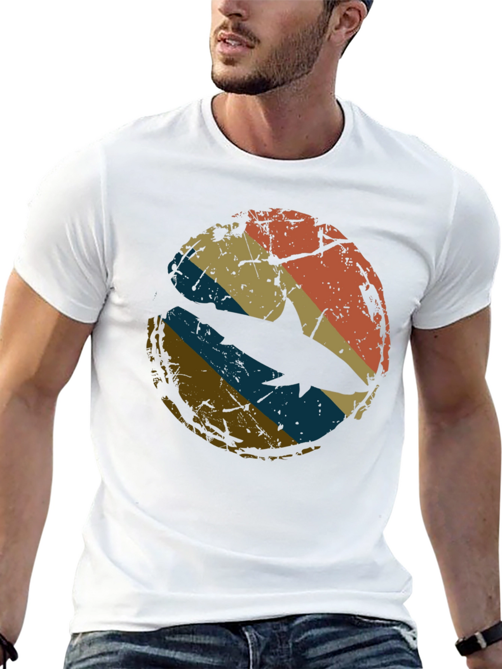Retro Shark Graphic Tee - Distressed Circle Design