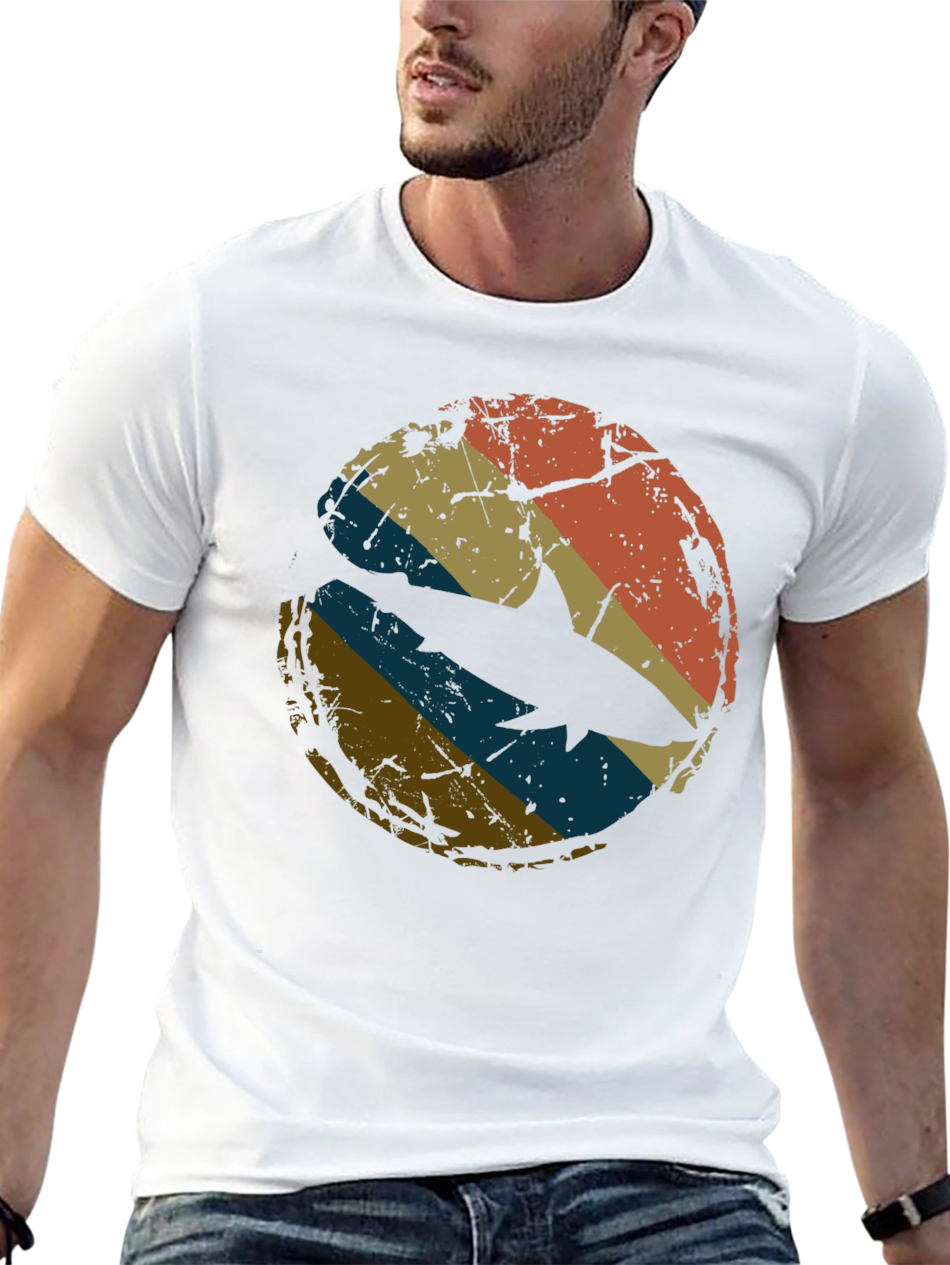Retro Shark Graphic Tee - Distressed Circle Design
