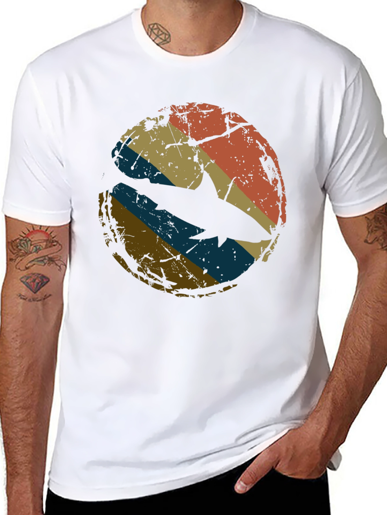 Retro Shark Graphic Tee - Distressed Circle Design