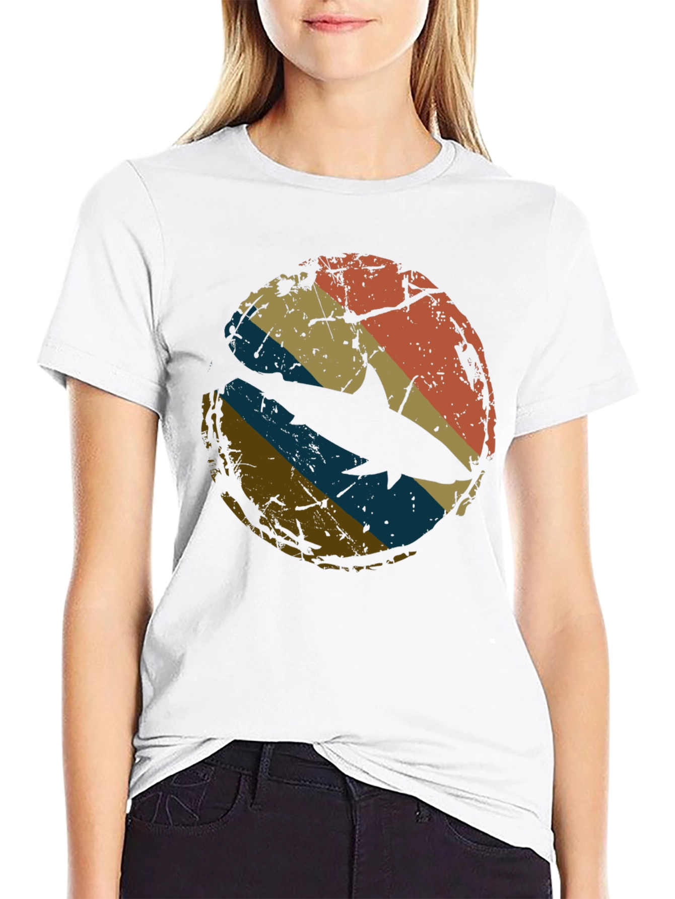 Retro Shark Graphic Tee - Distressed Circle Design