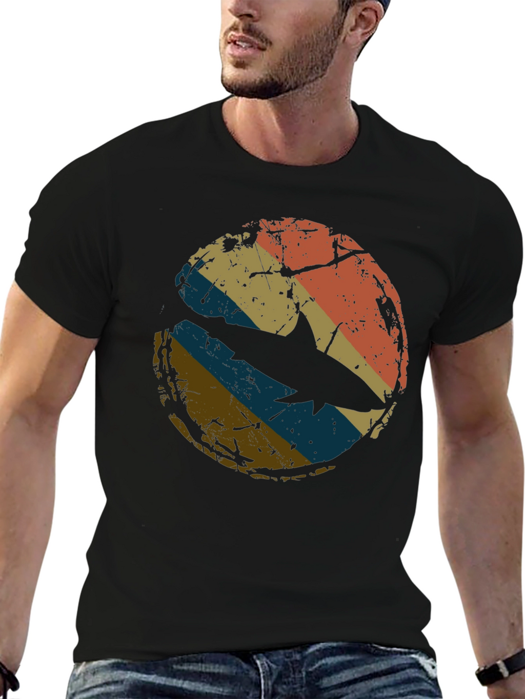 Retro Shark Graphic Tee - Distressed Circle Design