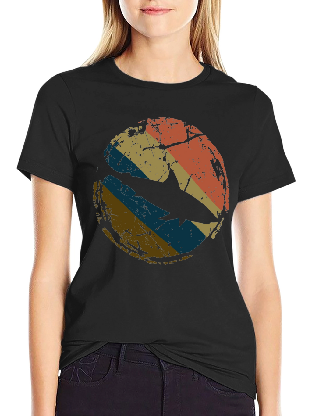 Retro Shark Graphic Tee - Distressed Circle Design