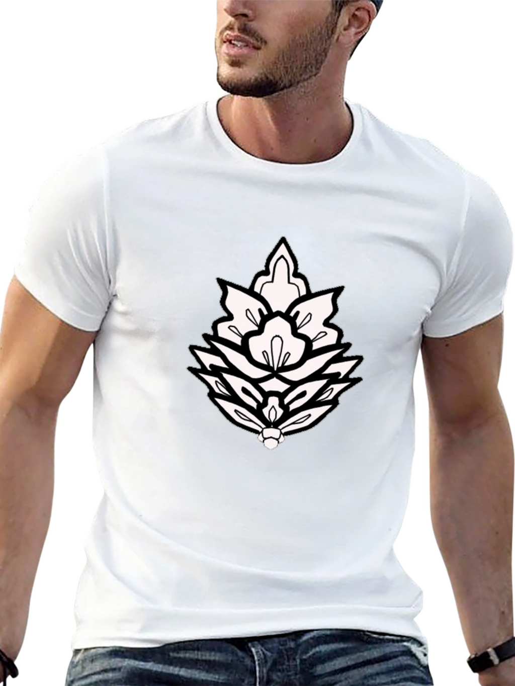 Black T-Shirt with Ornamental Lotus Design