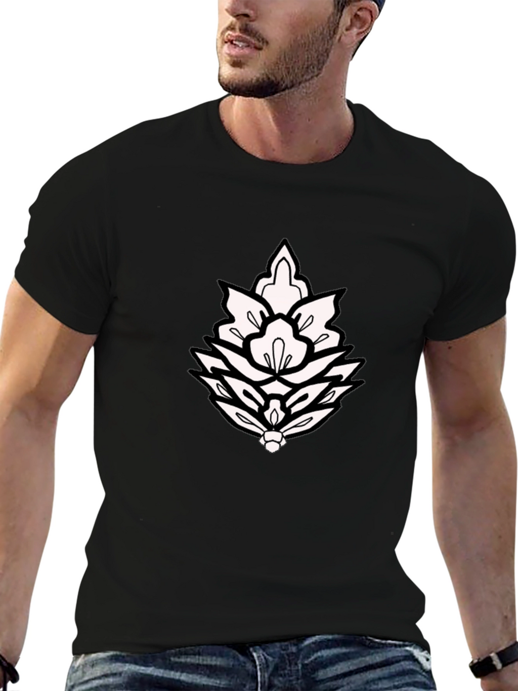 Black T-Shirt with Ornamental Lotus Design