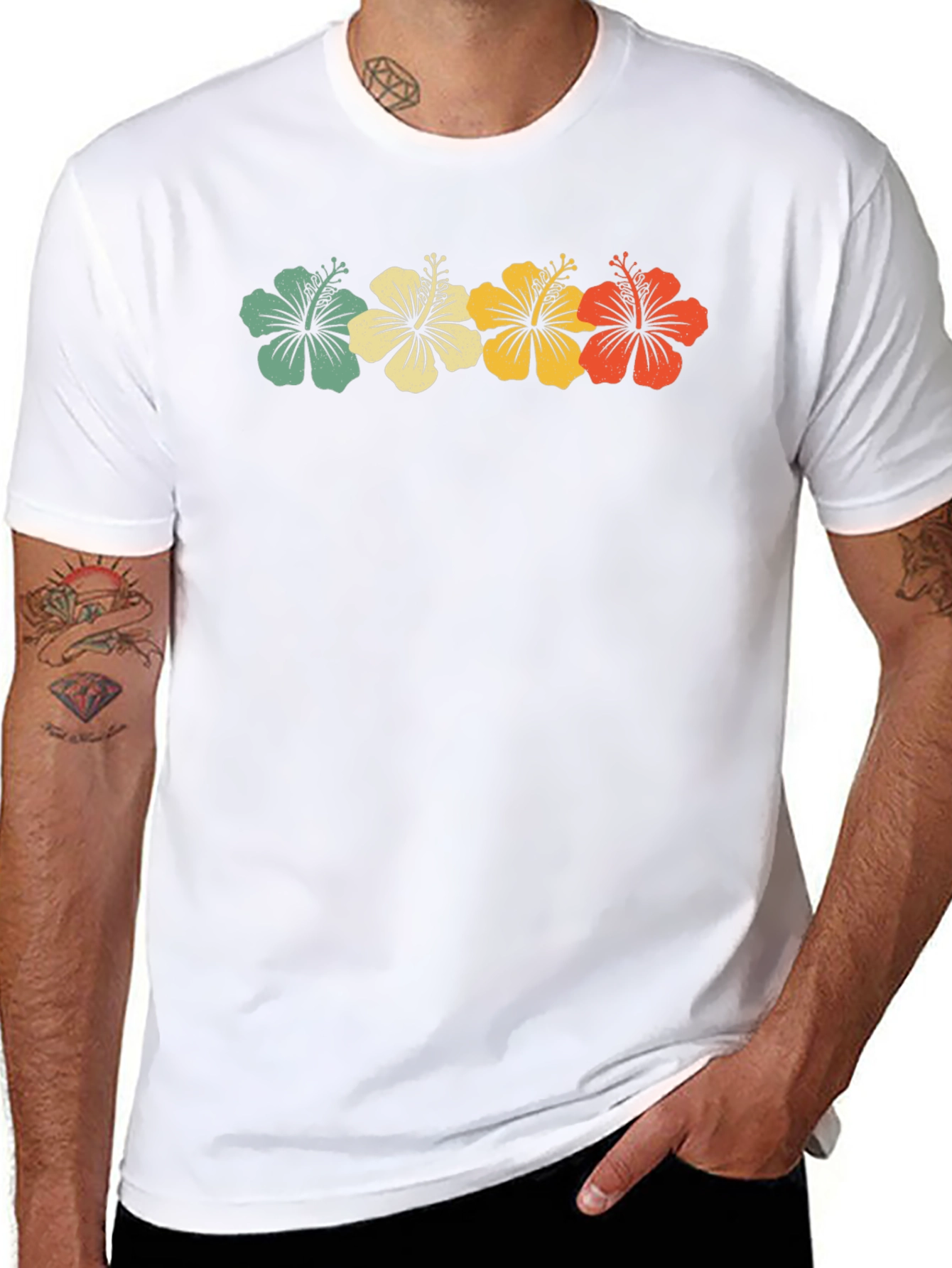 Retro Hibiscus Flower Graphic Tee - Black