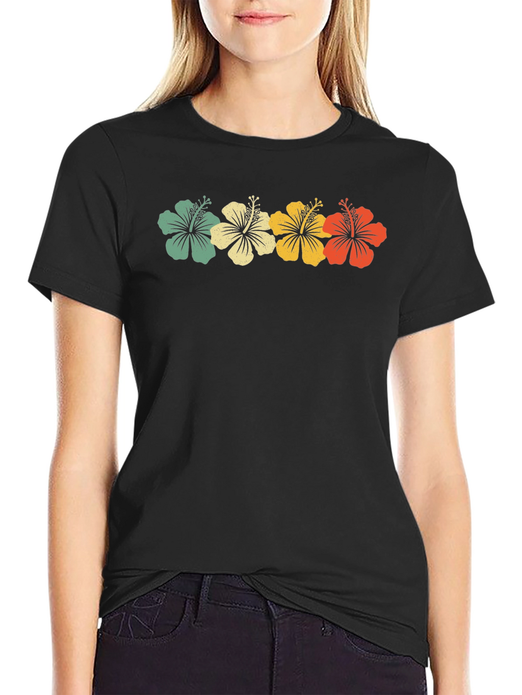 Retro Hibiscus Flower Graphic Tee - Black