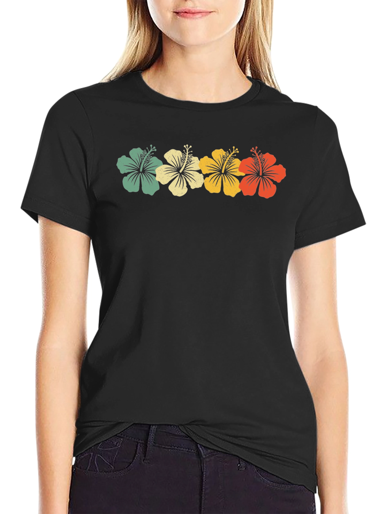 Retro Hibiscus Flower Graphic Tee - Black