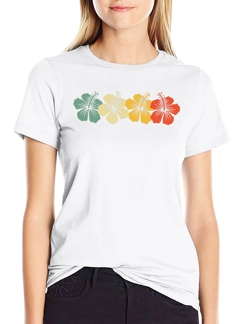 Retro Hibiscus Flower Graphic Tee - Black