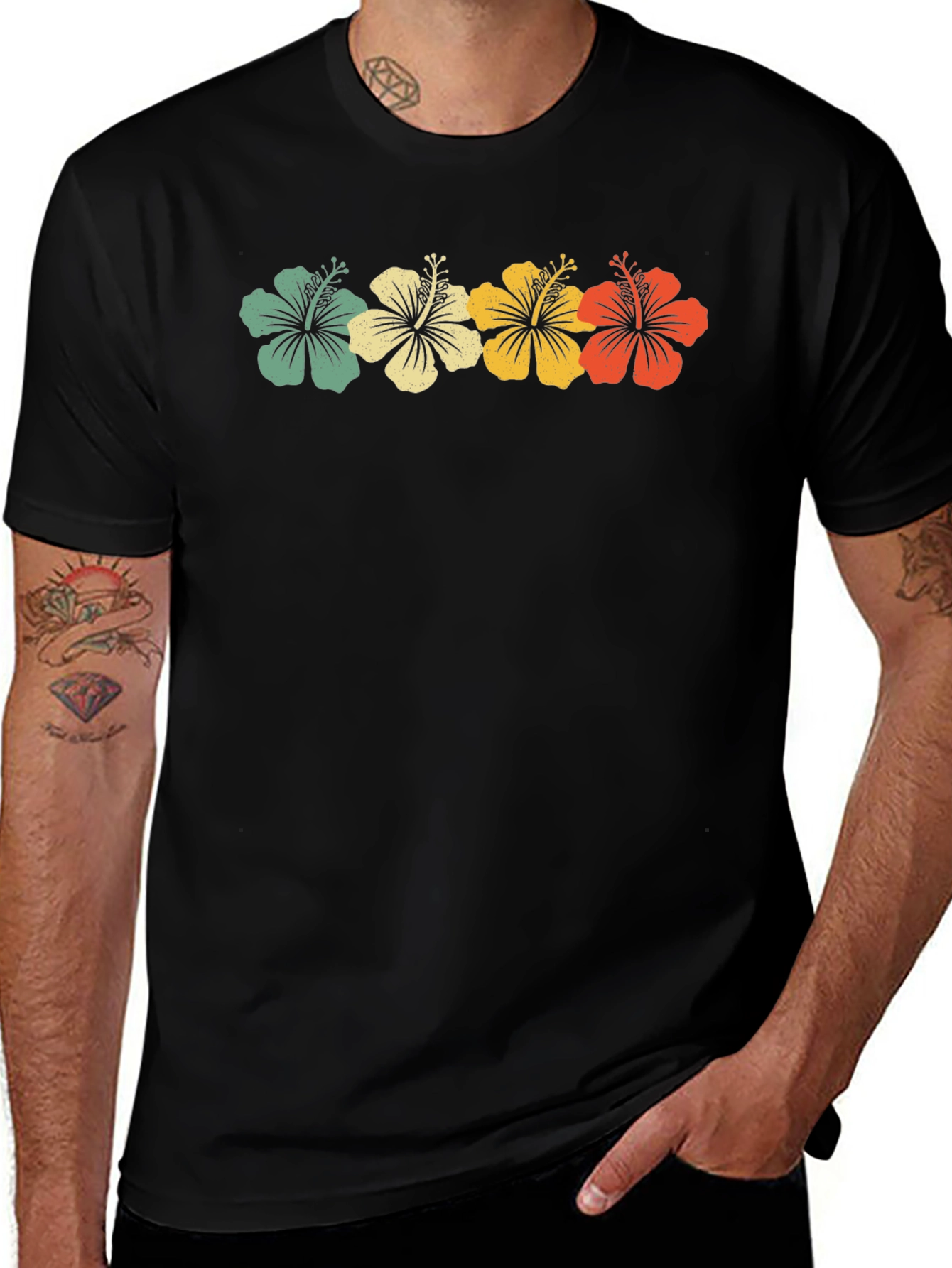 Retro Hibiscus Flower Graphic Tee - Black