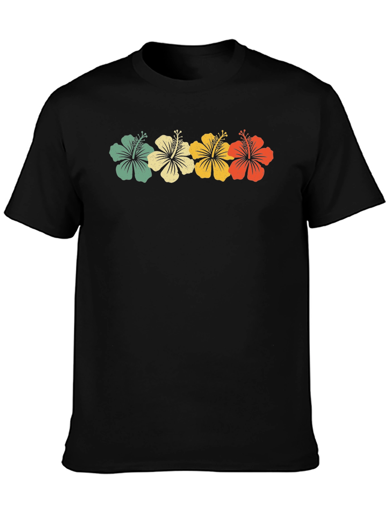 Retro Hibiscus Flower Graphic Tee - Black