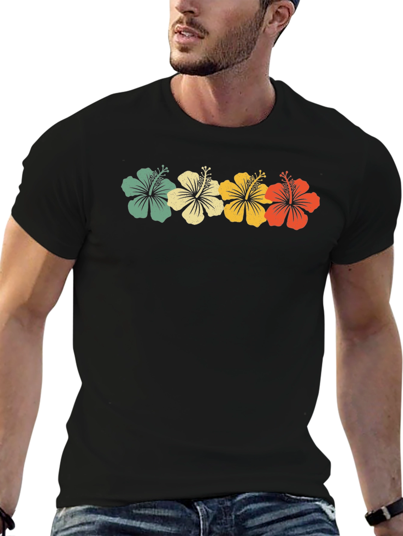 Retro Hibiscus Flower Graphic Tee - Black