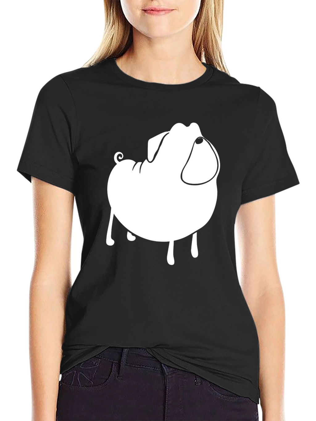 Mens Black T-Shirt with Cartoon Pug Graphic