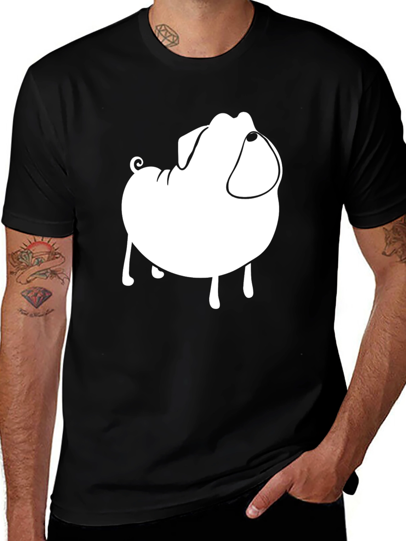 Mens Black T-Shirt with Cartoon Pug Graphic