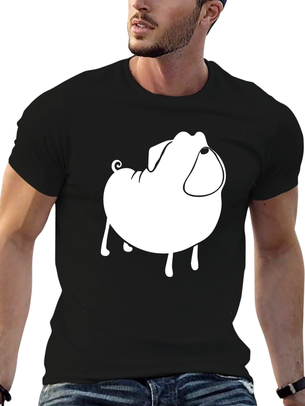 Mens Black T-Shirt with Cartoon Pug Graphic