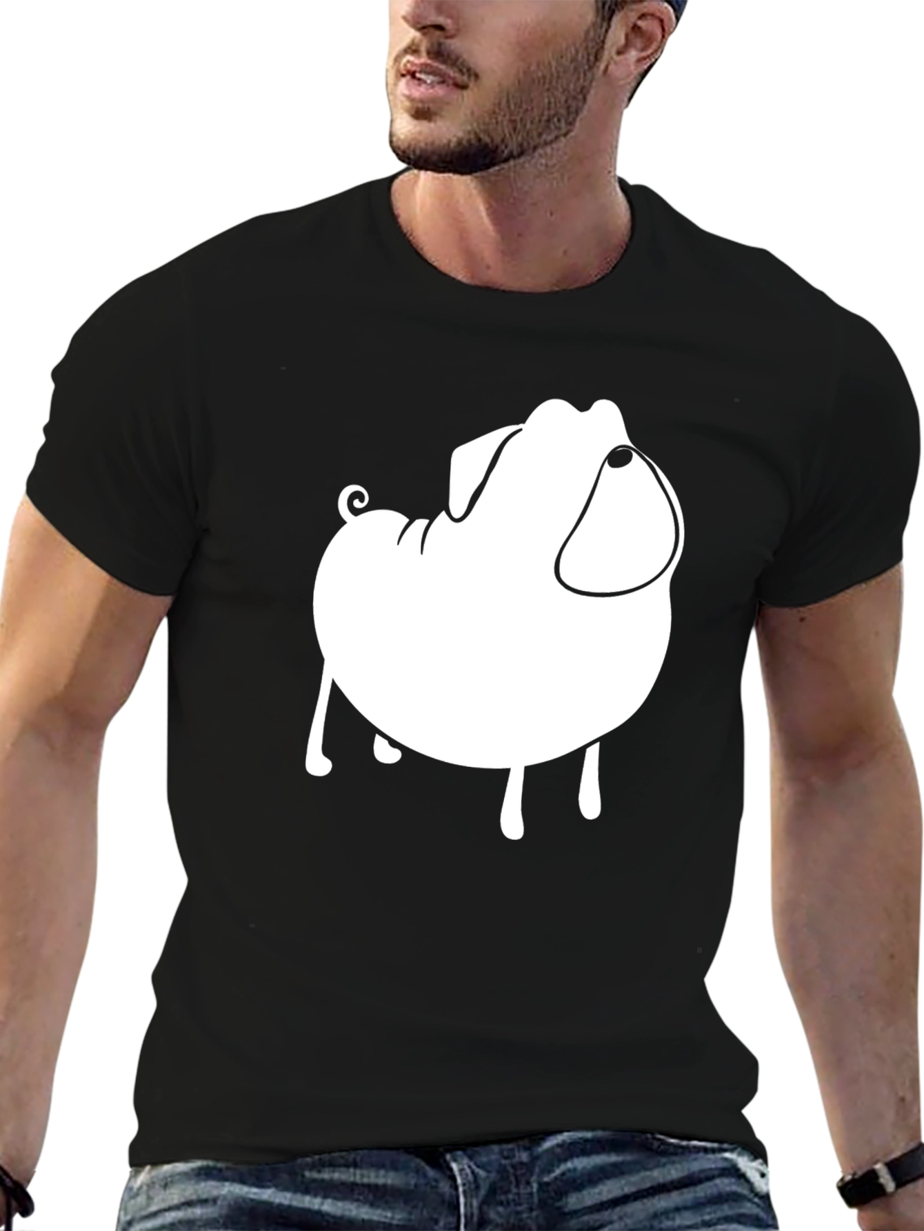 Mens Black T-Shirt with Cartoon Pug Graphic