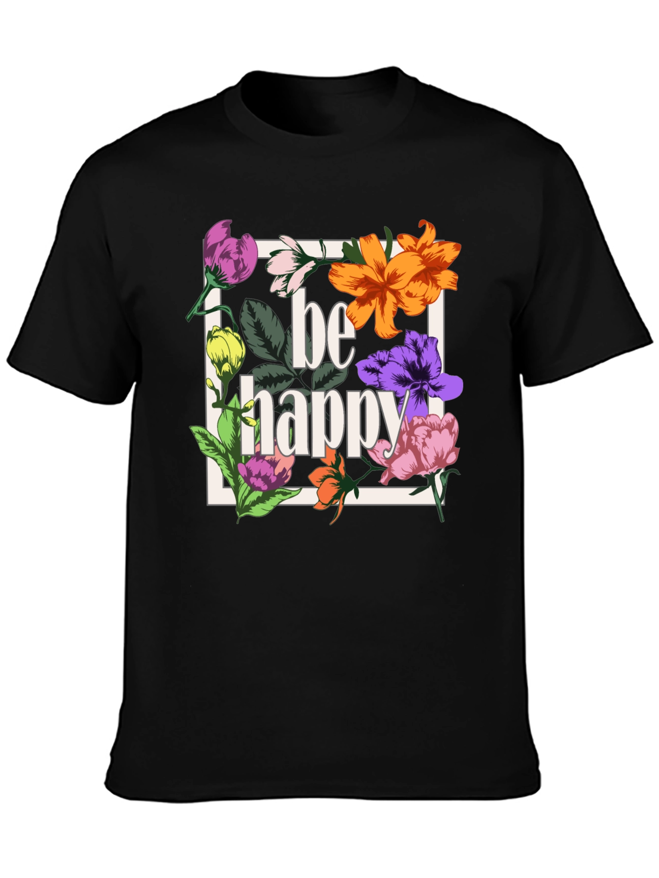 Be Happy Floral Graphic T-Shirt - Black