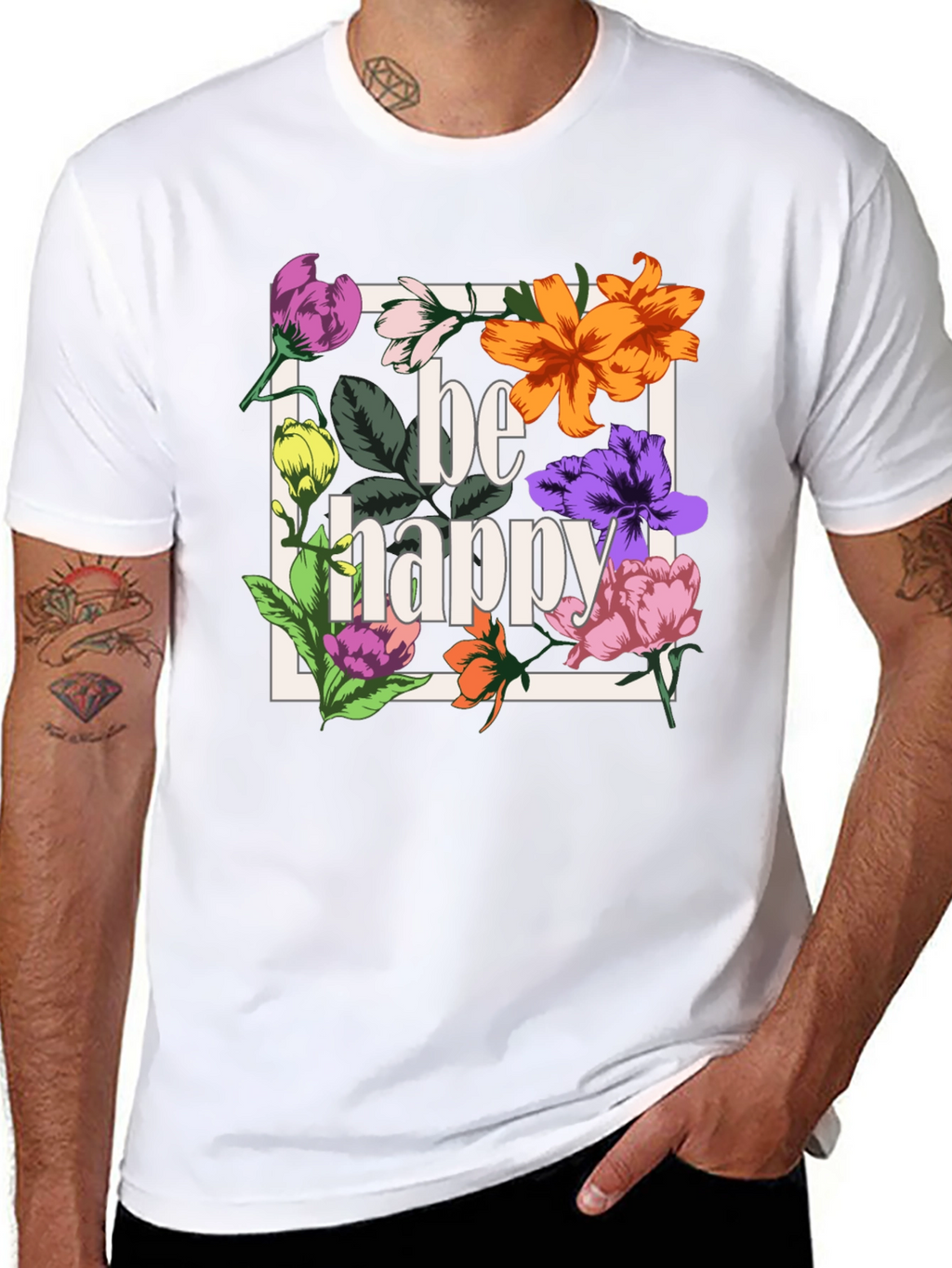 Be Happy Floral Graphic T-Shirt - Black