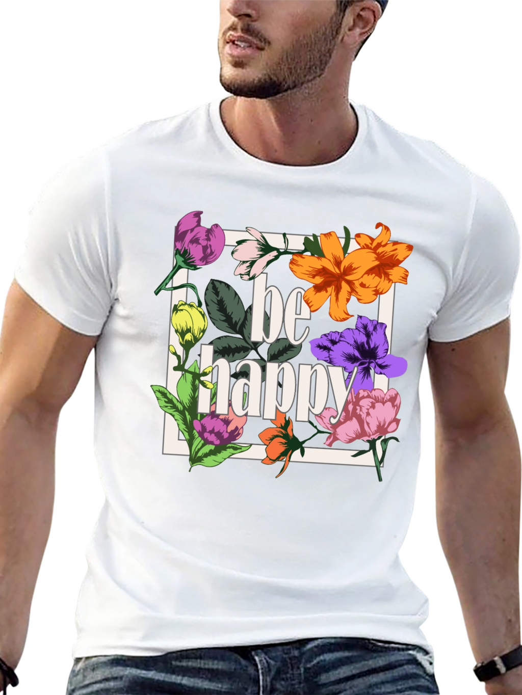 Be Happy Floral Graphic T-Shirt - Black