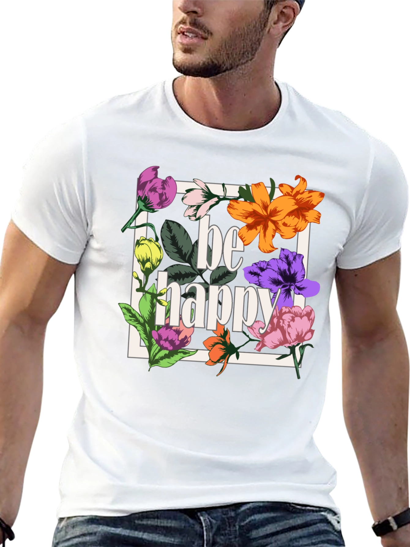 Be Happy Floral Graphic T-Shirt - Black