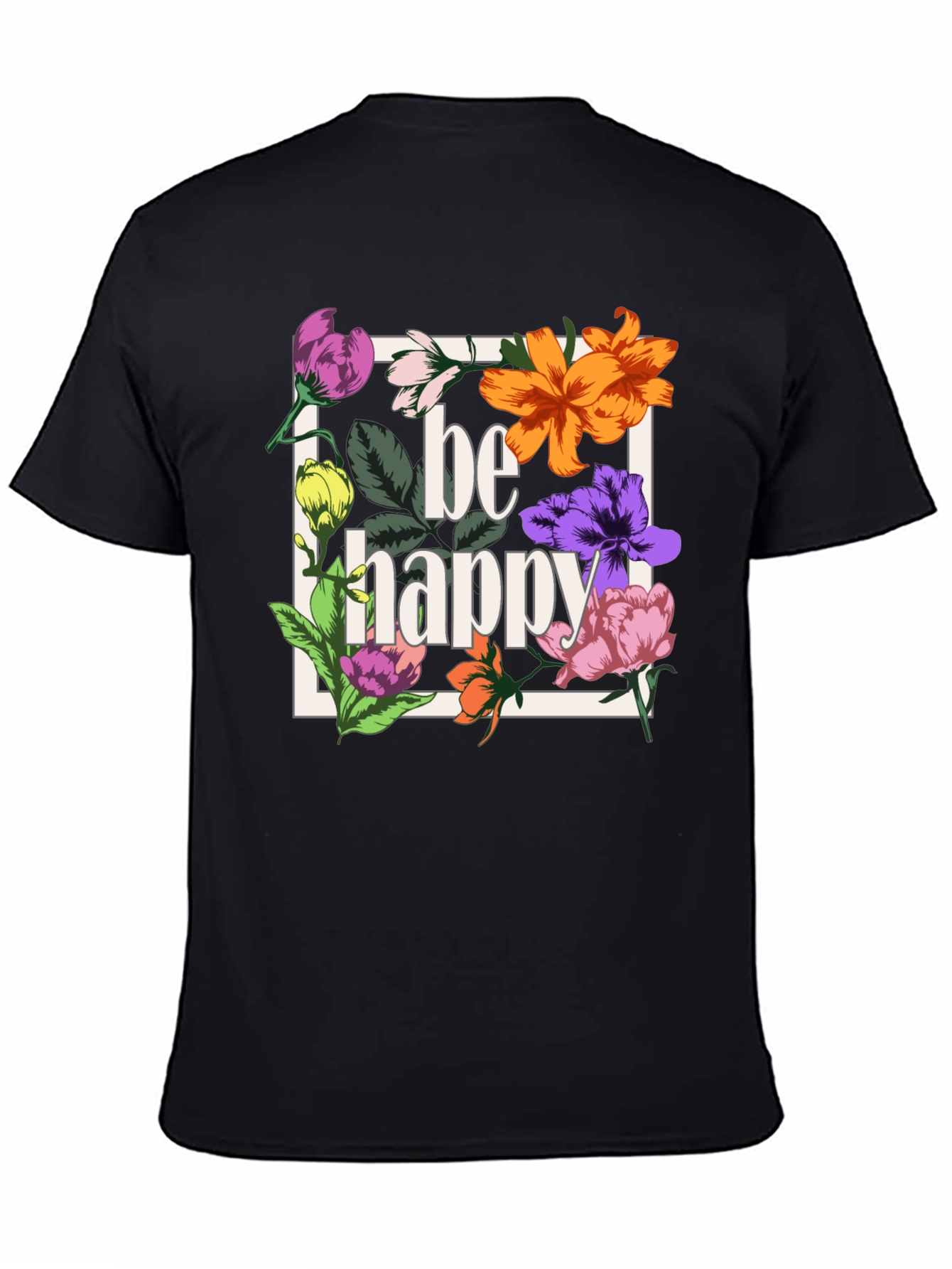 Be Happy Floral Graphic T-Shirt - Black