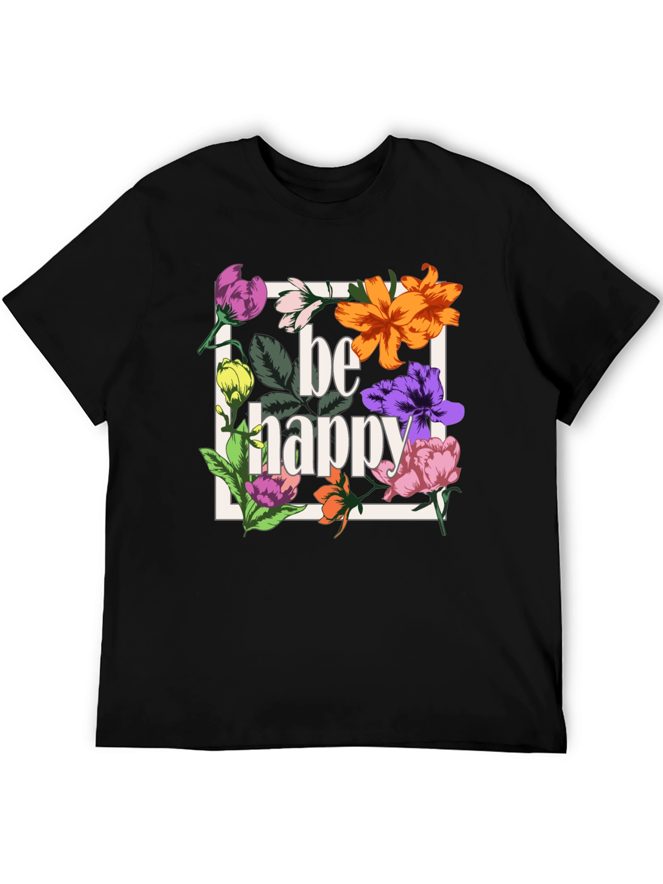 Be Happy Floral Graphic T-Shirt - Black