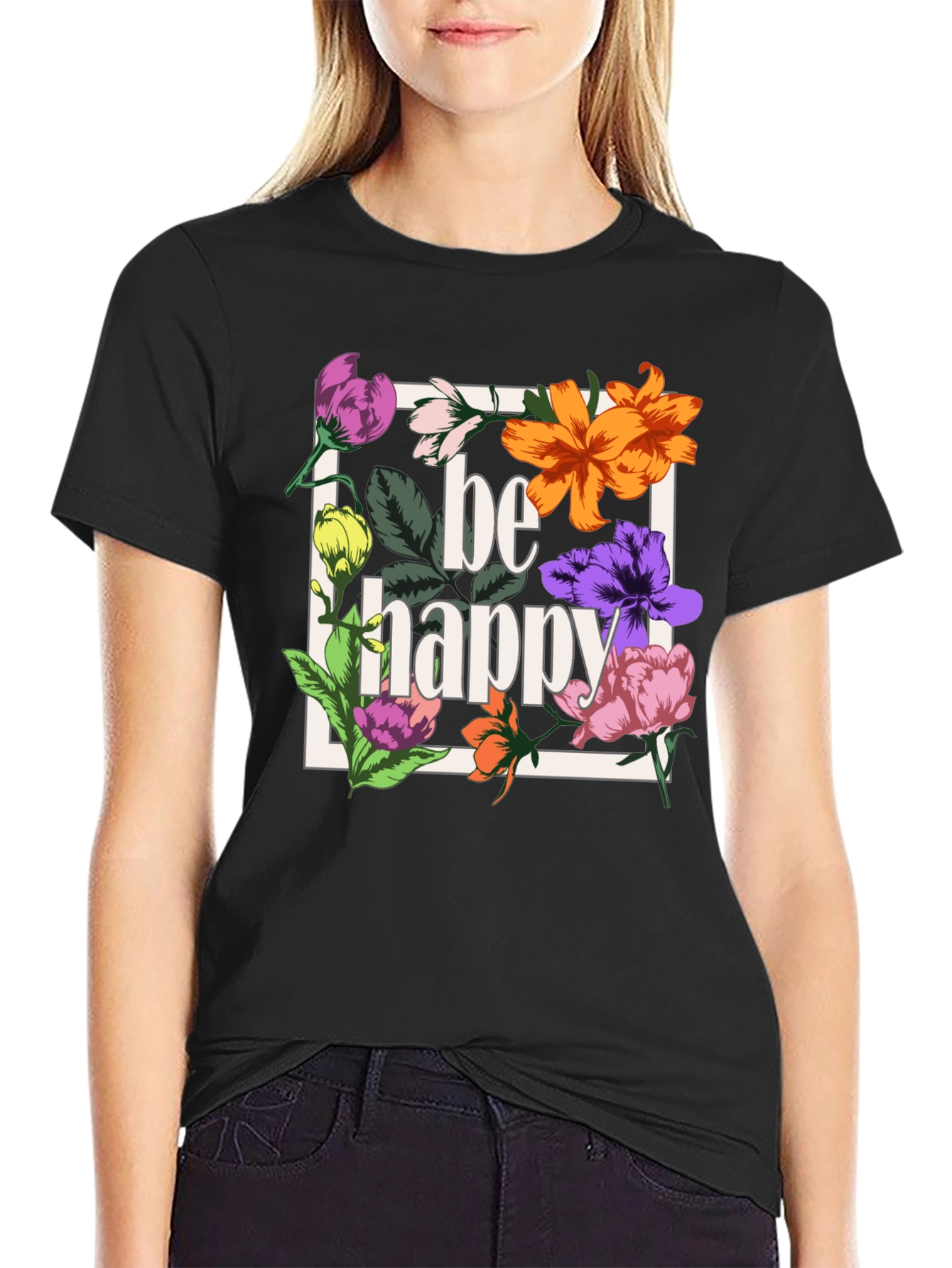 Be Happy Floral Graphic T-Shirt - Black