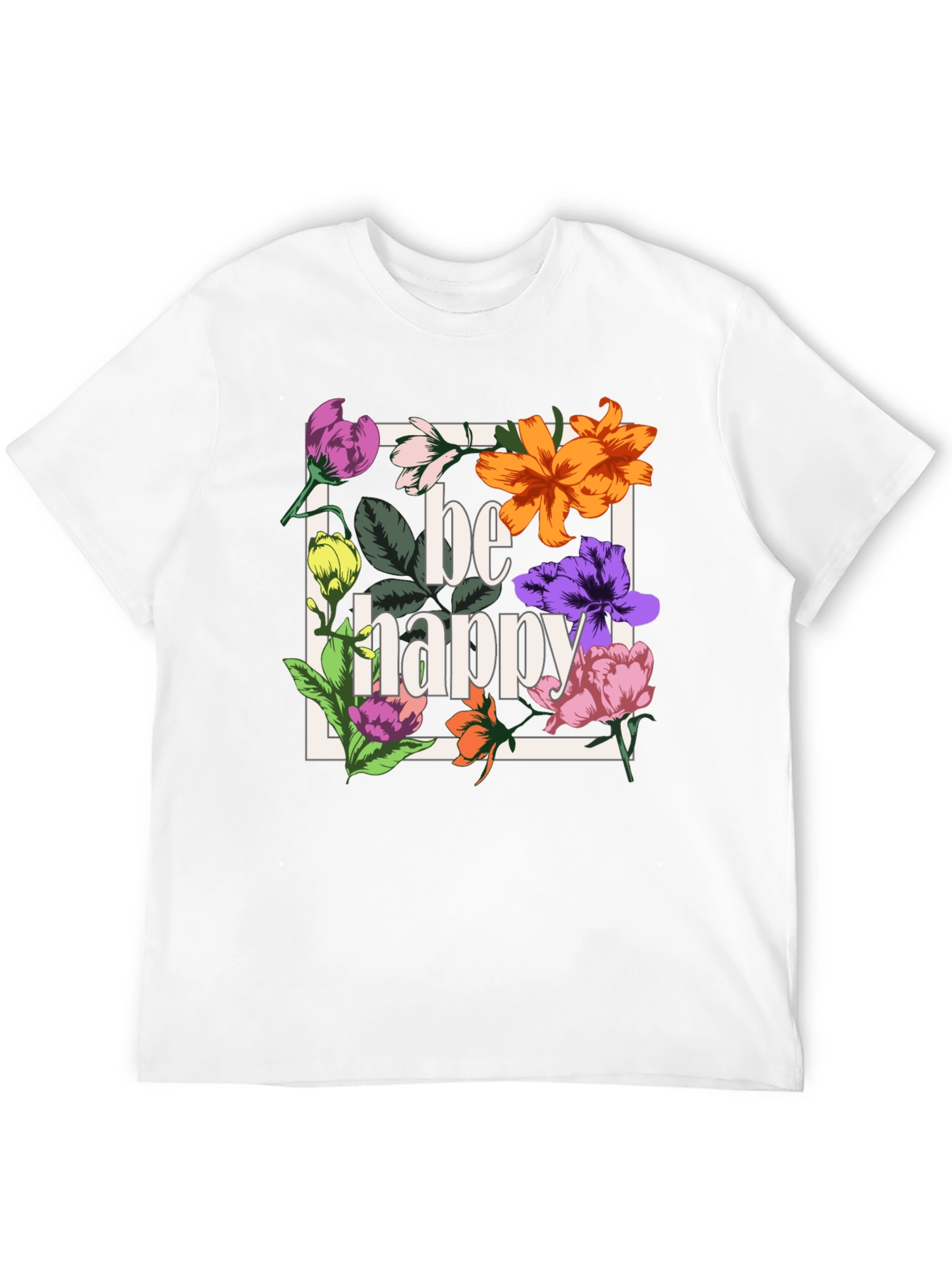 Be Happy Floral Graphic T-Shirt - Black