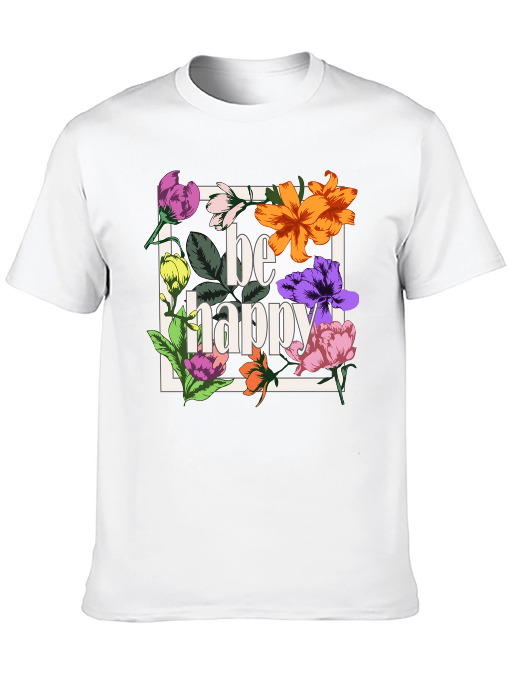 Be Happy Floral Graphic T-Shirt - Black