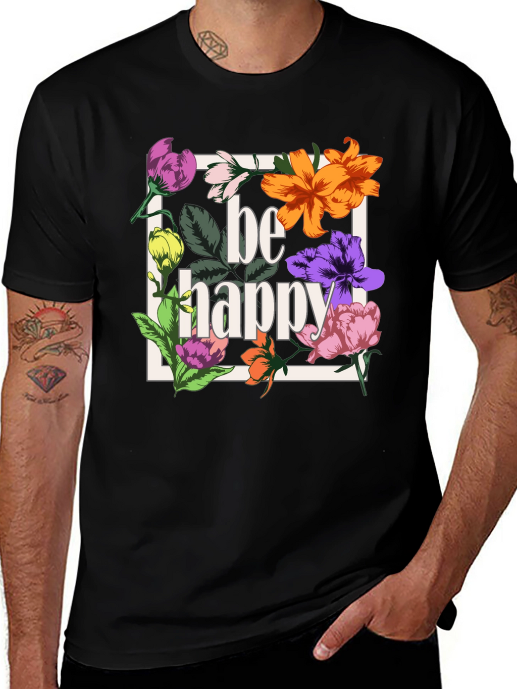 Be Happy Floral Graphic T-Shirt - Black