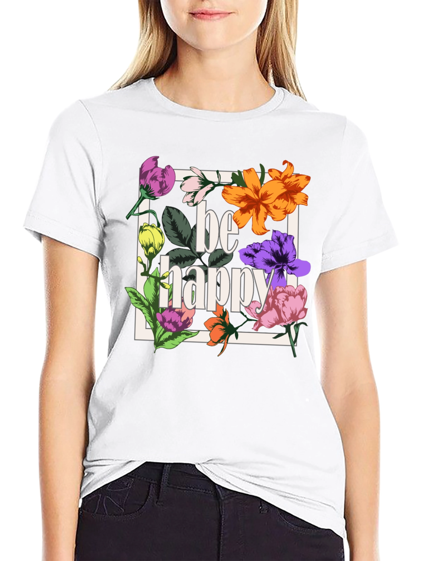 Be Happy Floral Graphic T-Shirt - Black