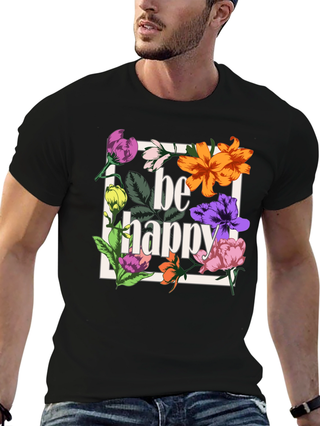 Be Happy Floral Graphic T-Shirt - Black